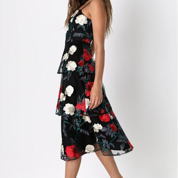 NWT Lulus Forever Lovable Black Floral Embroidered Tiered Midi Dress (size S) - Picture 6 of 12